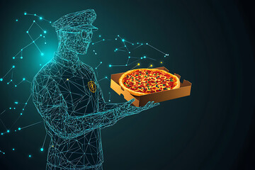 Glowing wireframe illustration of a pizza delivery person in uniform holding a pizza box, highlighted by blue and black data points on a transparent background, symbolizing modern delivery technology.