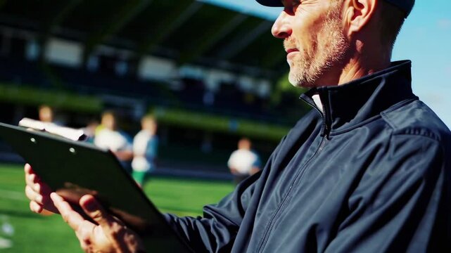 Coach Observing Soccer Practice Scene with Players in Motion