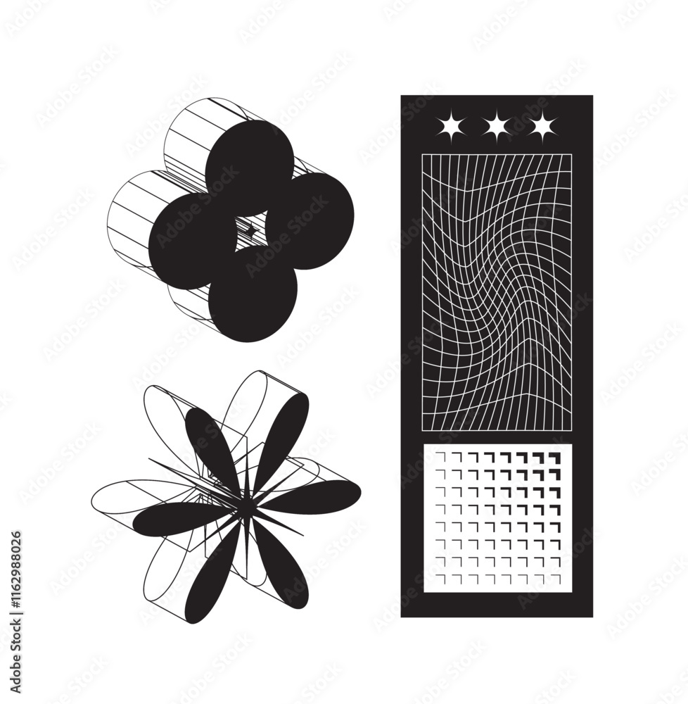Poster abstract vector design featuring geometric shapes, wavy grid patterns, and star symbols. ideal for m