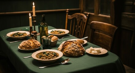 Rustic dining table set with hearty meals and candlelight ambiance