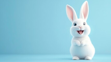 Obraz premium White animated rabbit with big ears and joyful expression on a pastel blue background