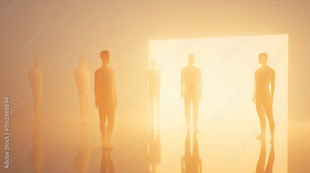 Poster figures in a luminous fog create a surreal atmosphere.