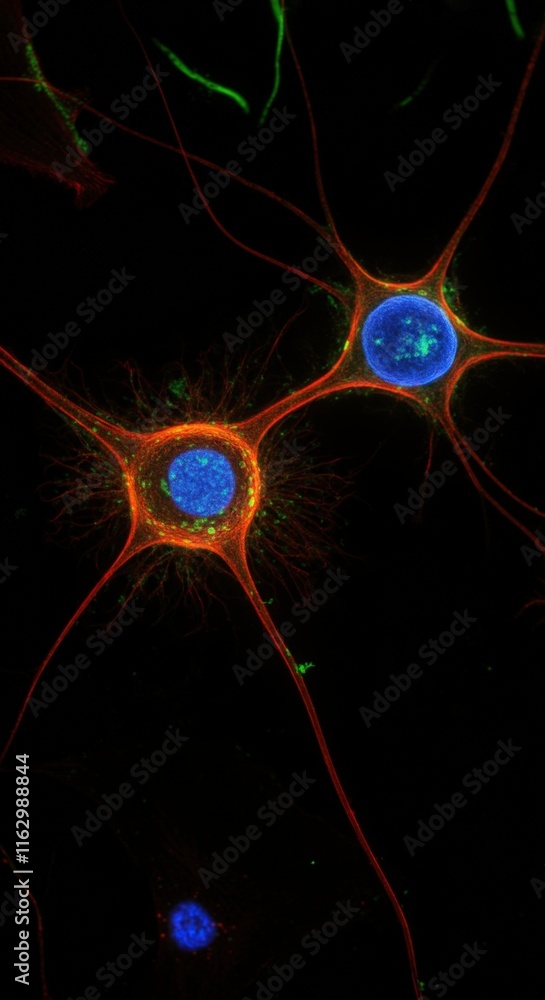 Poster colorful neurons showcasing intricate cellular structures under a microscope