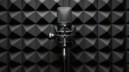 An acoustic foam wall serves as the backdrop for a studio microphone with pop-up filters. Banners for podcasts, radio broadcasts, and music production, Generative AI.
