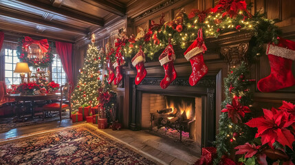 Decorating a mantle with garlands, stockings, and Christmas lights, cozy fireplace below