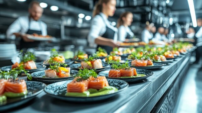 Fresh gourmet salmon appetizers with greens on black plates, chefs preparing food in professional kitchen, catering event, culinary presentation, modern restaurant background, vibrant atmosphere