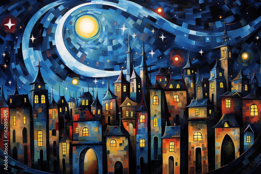 Poster a fragmented interpretation of a starry night with dynamic shapes and bold contrasts in abstract cub