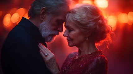 Naklejka premium An elderly couple dances tenderly hugging under warm, glowing lights, creating a romantic and intimate atmosphere