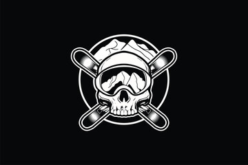 Black and White human Skull head with Ski boards vector logo template
