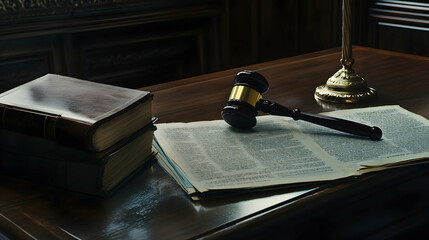 Obraz premium Courtroom gavel resting on a wooden desk, with legal documents and a law book lying beside it