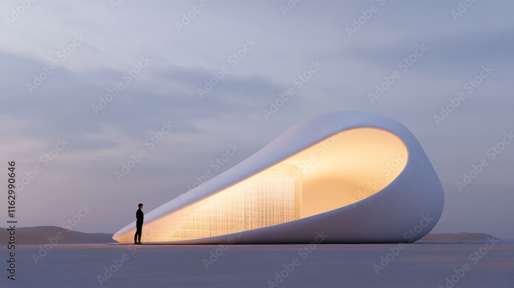 Poster futuristic architecture in a tranquil landscape.