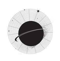 Fototapeta premium Abstract vector illustration of a black planet with rings, grid lines, and star elements. Perfect for space-themed designs, modern art, and digital projects