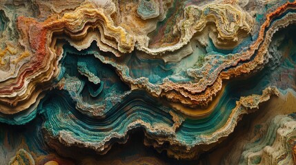 Abstract layered landscape with earthy tones and teal accents.
