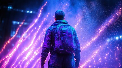 Fototapeta premium Man with backpack wearing jacket walking through futuristic neon lights tunnel, technology background for digital events, gaming, cyberspace, vibrant purple and blue colors, night atmosphere