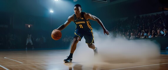 A dynamic shot of a basketball player dribbling down the court showcasing speed and skill in the game