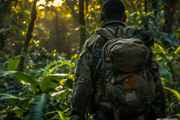 Fototapeta premium forest ranger, a skilled ranger, camouflaged in the forest, scans for wildlife with focused eyes sunlight filters through the canopy, creating dappled patterns on the ground as he stands prepared