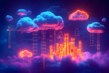 Glowing Futuristic City Being Built in the Clouds with Levitating Cranes and Ladders