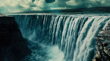 Stunning view of a massive waterfall cascading into a misty gorge at sunset with clouds and vibrant colors