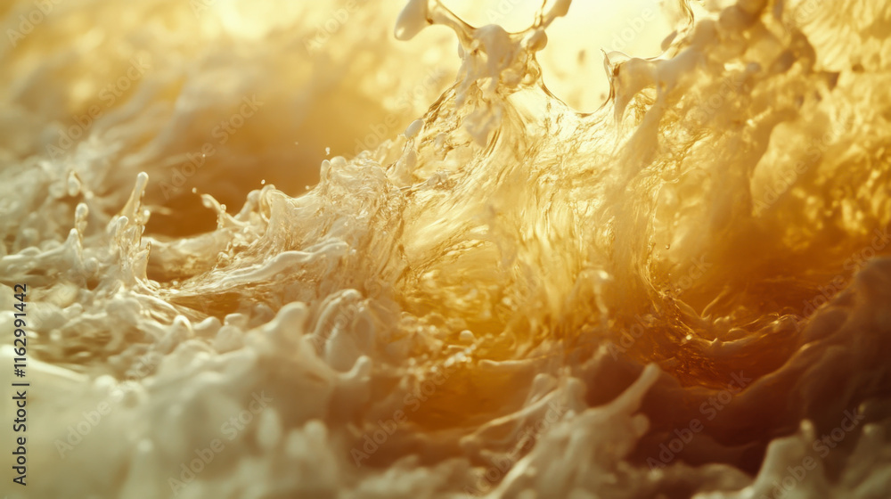 Aufkleber bubbles and foam create a dynamic surface texture in amber liquid under bright light