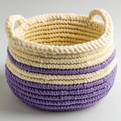 Handmade Woven Basket in Cream and Purple with Textured Rope Design