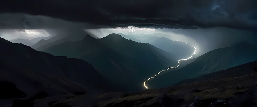 A dramatic shot of dark storm clouds gathering over a mountain range capturing the tension and beauty of natures forces. Extremely detailed high resolution illustration.