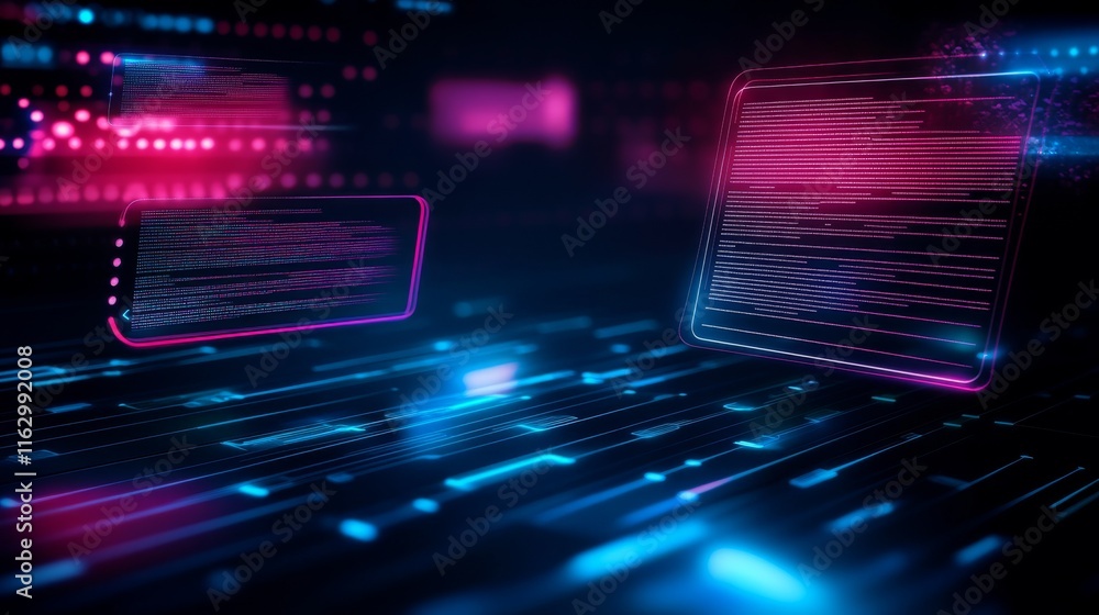 Poster futuristic digital data flow with glowing elements.