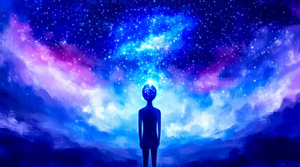 Silhouette standing under starry sky with universe inside head
