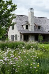Fototapeta premium Quaint stone house surrounded by wildflowers in a lush garden during overcast weather