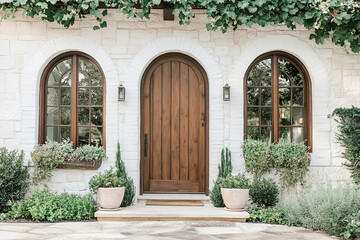 Fototapeta premium Beautiful entrance of a modern house with wooden door and landscaped greenery during daytime
