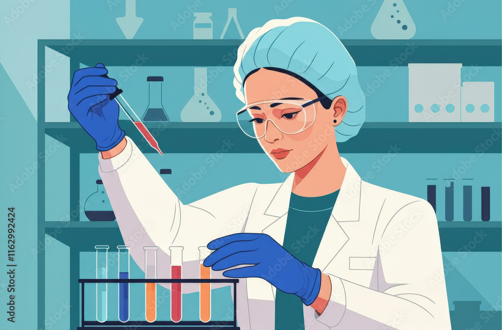 Poster scientist conducting experiments in a laboratory with colorful test tubes
