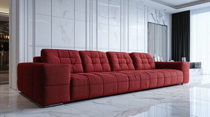 Modern red sofa in a stylish interior setting.