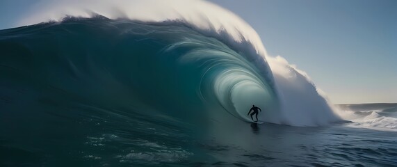 A dramatic shot of a surfer catching a massive wave capturing the thrill and power of the ocean