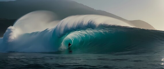 A dramatic shot of a surfer catching a massive wave capturing the thrill and power of the ocean