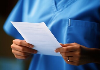 Close-up of Hands Holding Medical Report in Blue Scrubs