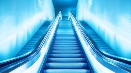 Futuristic escalator in a glowing urban setting.