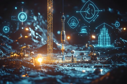 Futuristic Alien Construction Zone with Floating Architectural Icons and Glowing Tech Elements