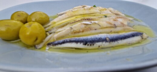 Boquerón o Boquerones a la vinagreta o Agritos , primer plano filetes de boquerón