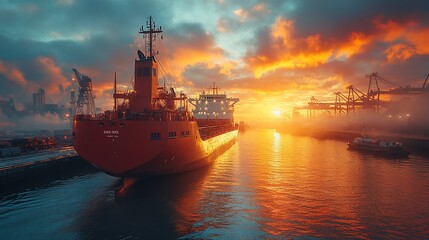 Fototapeta premium Cargo Ship at Sunset in Industrial Harbor
