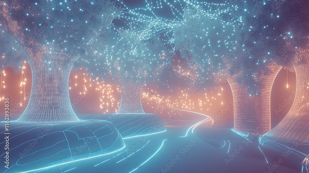 Poster futuristic illuminated trees in a serene setting.