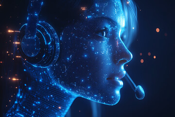 illustration of a customer service agent wearing a headset and answering incoming calls, highlighted by blue and black data points on a transparent background, symbolizing modern communication technol