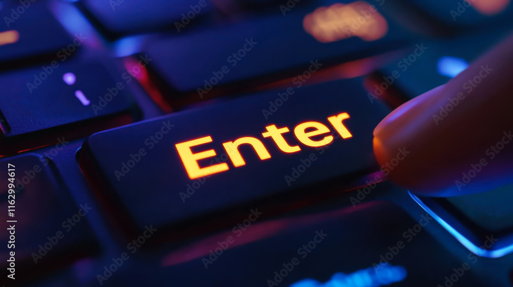 Poster finger pressing the enter key on a computer keyboard during a late-night task at home