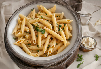 penne with cheese in a bowl