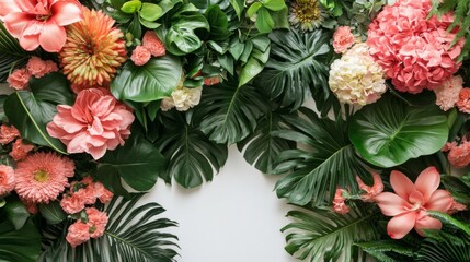 Lush Tropical Flowers and Leaves Frame a Blank Space