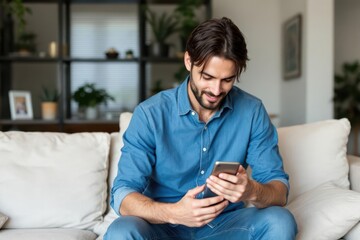 Man using mobile phone while having coffee in living room at home