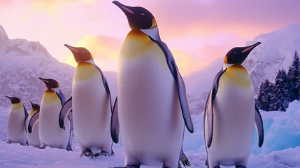 Fototapeta premium Majestic Emperor Penguins Standing in Snowy Antarctic Landscape at Sunrise with Vibrant Sky Colors and Icebergs in Background Perfect for Wildlife Enthusiasts
