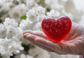 Fototapeta premium Red Glass Heart in Elderly Hand, White Flowers Background