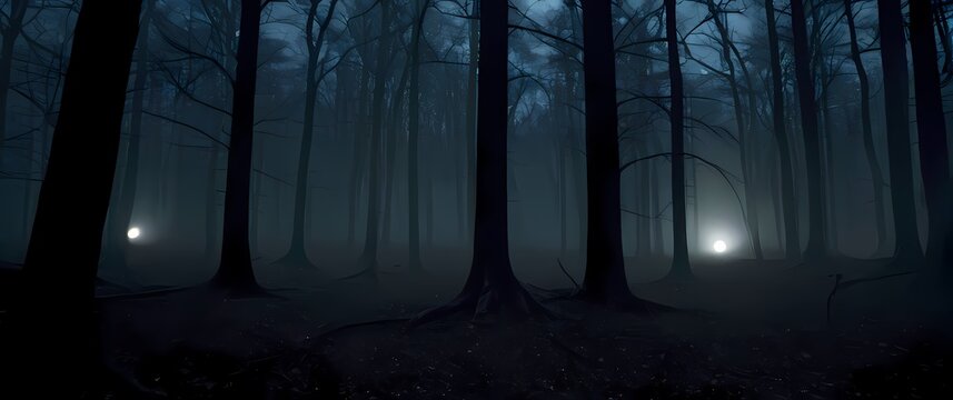 A dark and eerie forest illuminated by the light of a full moon casting ghostly shadows on the ground