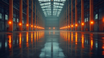 Fototapeta premium Wet Factory Floor With Orange Lights Reflecting