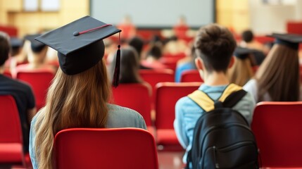 Graduation ceremony with students in caps.
