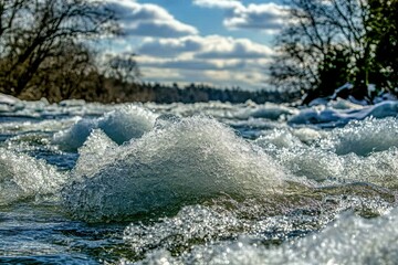 Gentle Waves on Ice-Laden River During Winter Afternoon